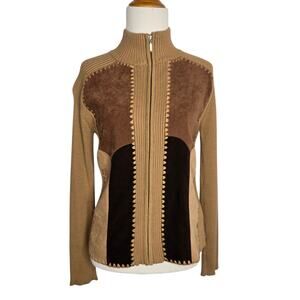 Indie Patchwork Full Zip Sweater Ribbed Knit Brown Stretch Retro Women Small